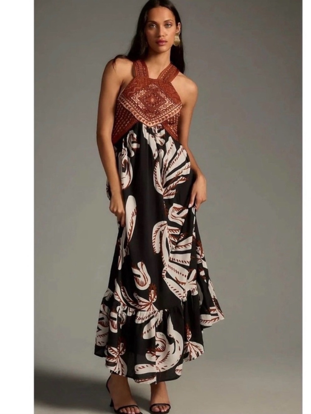 Anthropologie Brown Embroidered Bodice Black & Cream Maxi Dress